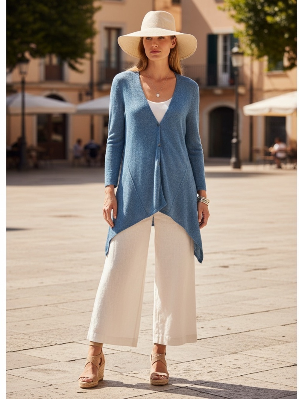 Eileen Fisher Teal 100% Linen Delave Knit Drape Asymmetrical Button Cardigan S